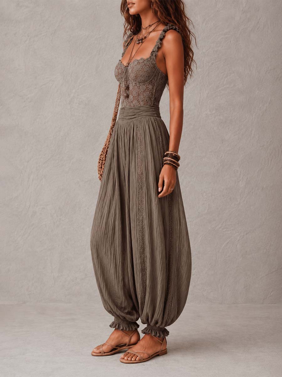 Carla • Conjunto de bandeau de encaje gris y pantalones harem de algodón