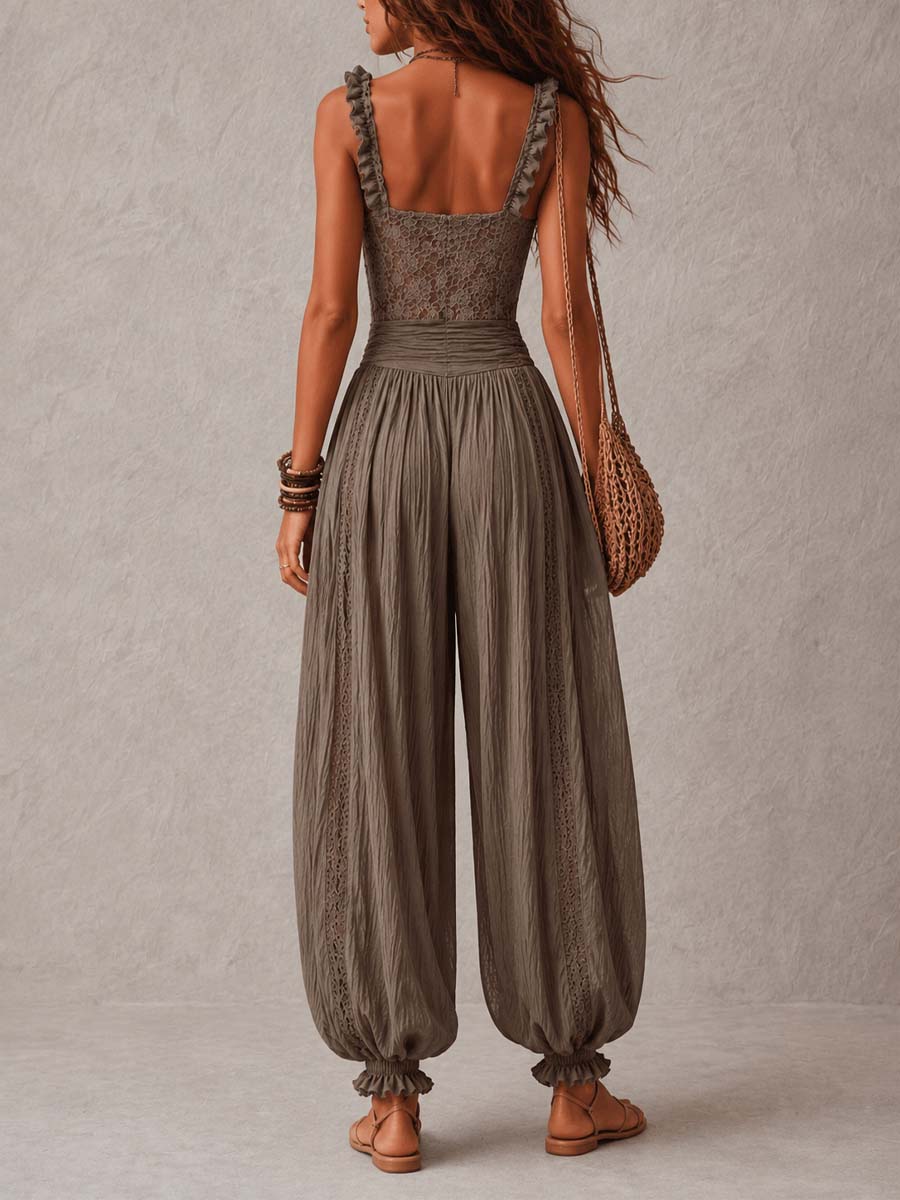 Carla • Conjunto de bandeau de encaje gris y pantalones harem de algodón