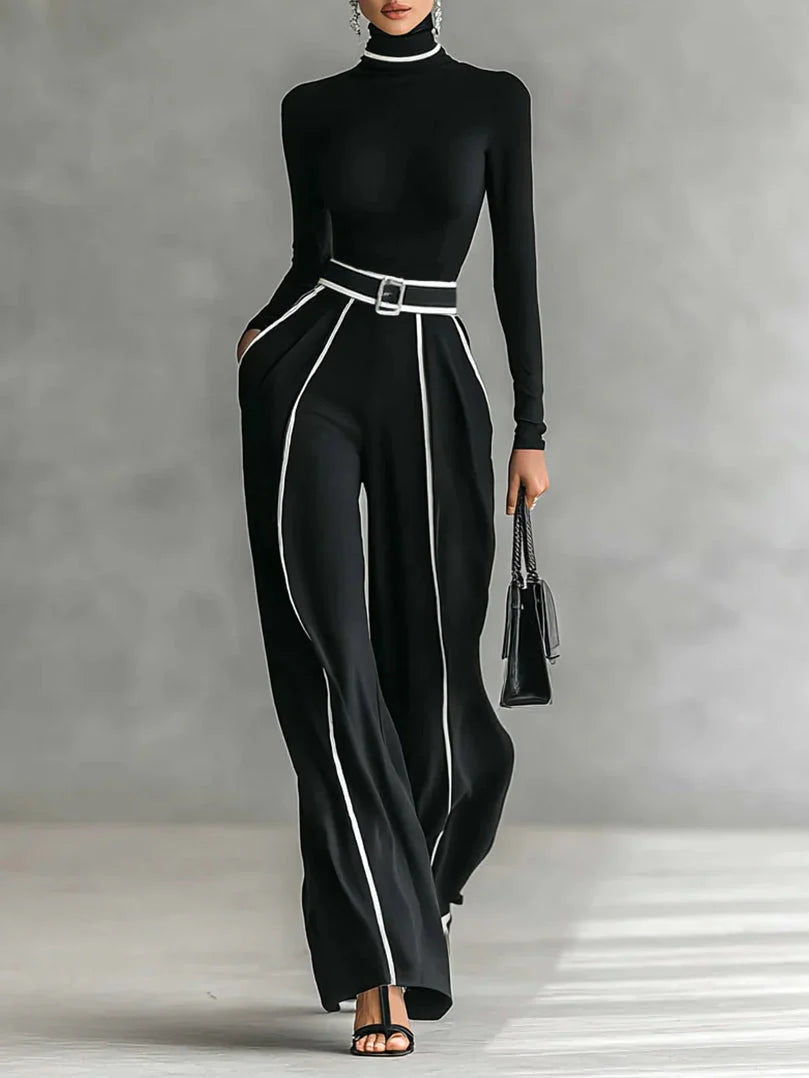 Conjunto de cuello alto de manga larga y pantalón de pierna ancha con cinturón